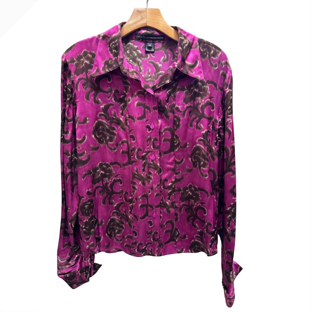 Linda Allard Ellen Tracy Silk Blouse Magenta Pink Brown Abstract Pattern Sz 14